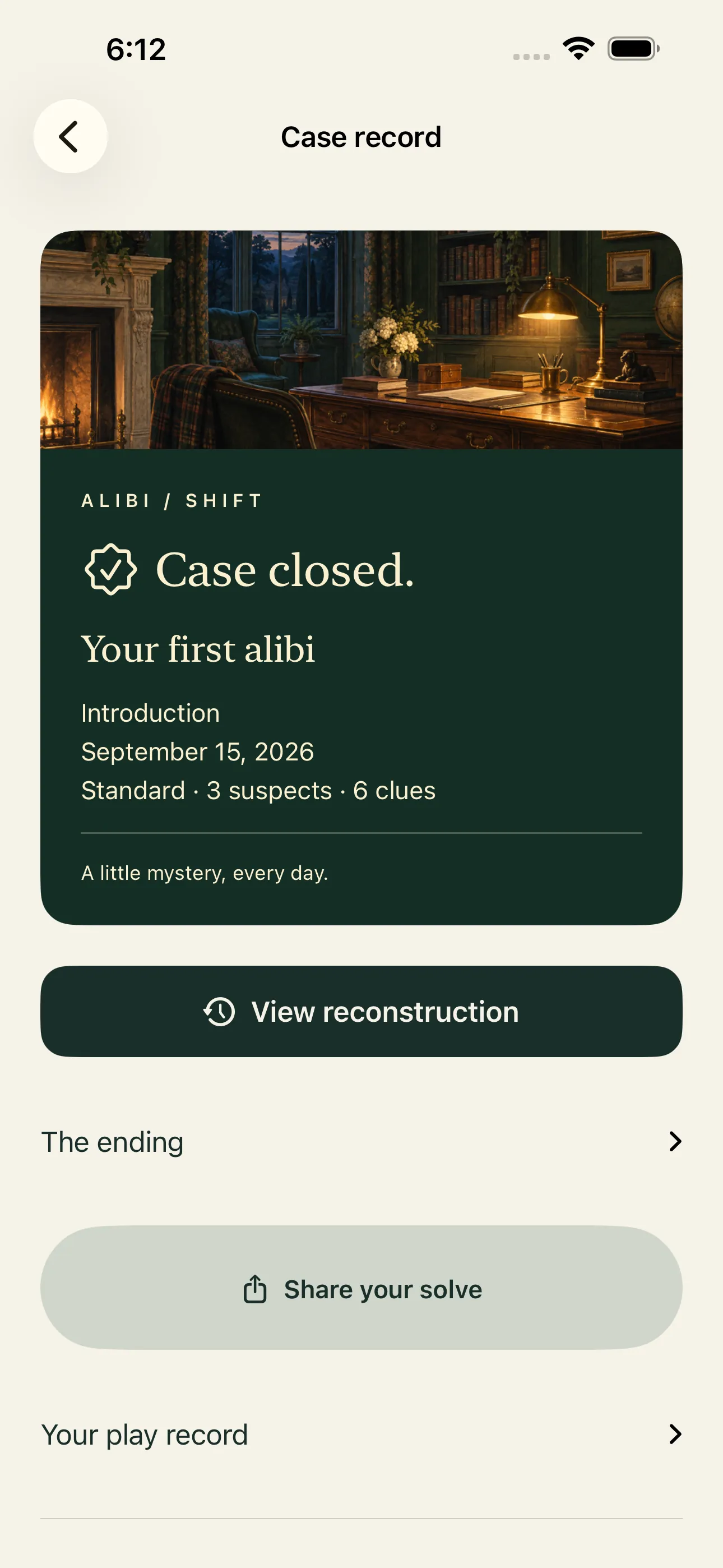 A completed case record showing the case closed, a share control, and links to the ending and reconstruction.