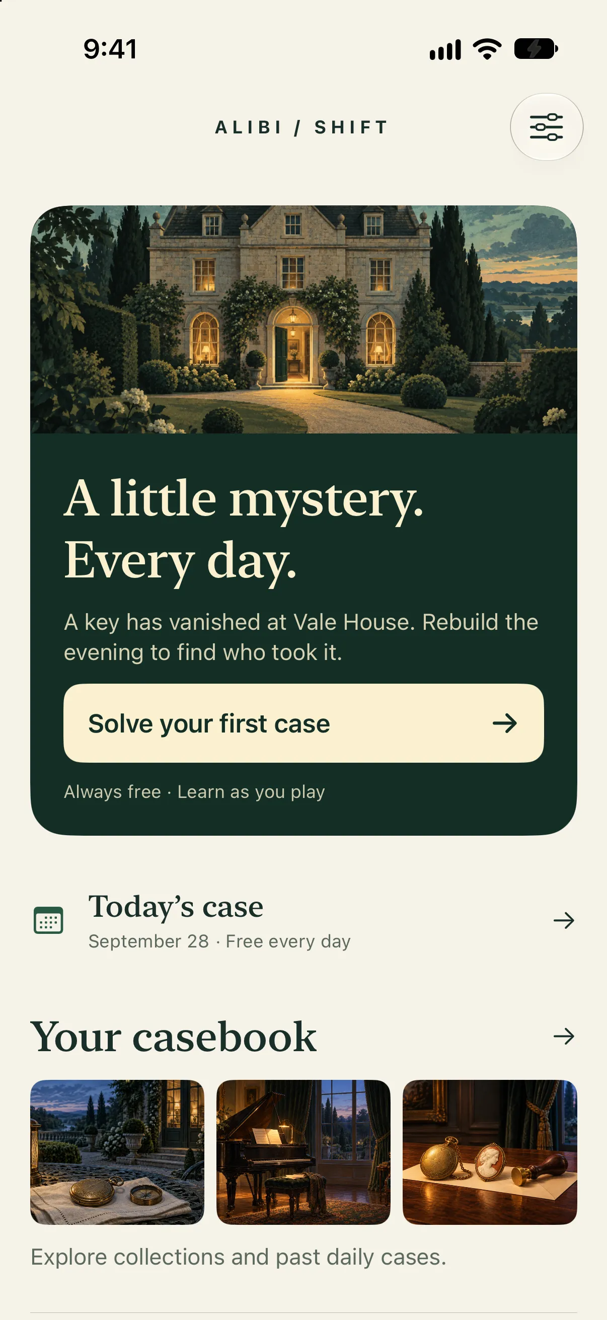 Alibi Shift’s home screen after today’s case is closed, with illustrated collections and a fresh case.