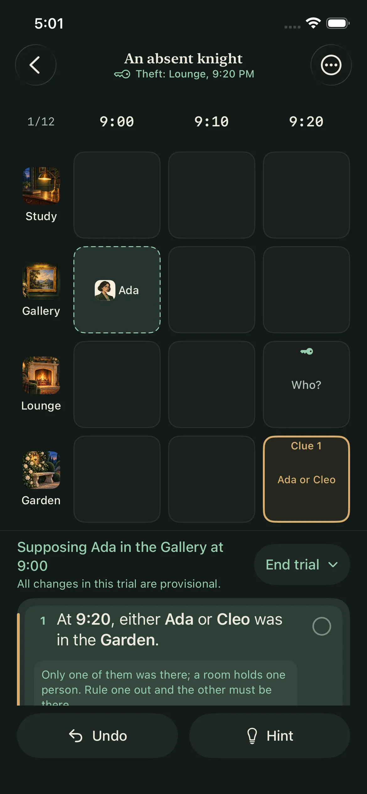 Alibi Shift in play: compare clues and place suspects into rooms on a three-moment timeline.